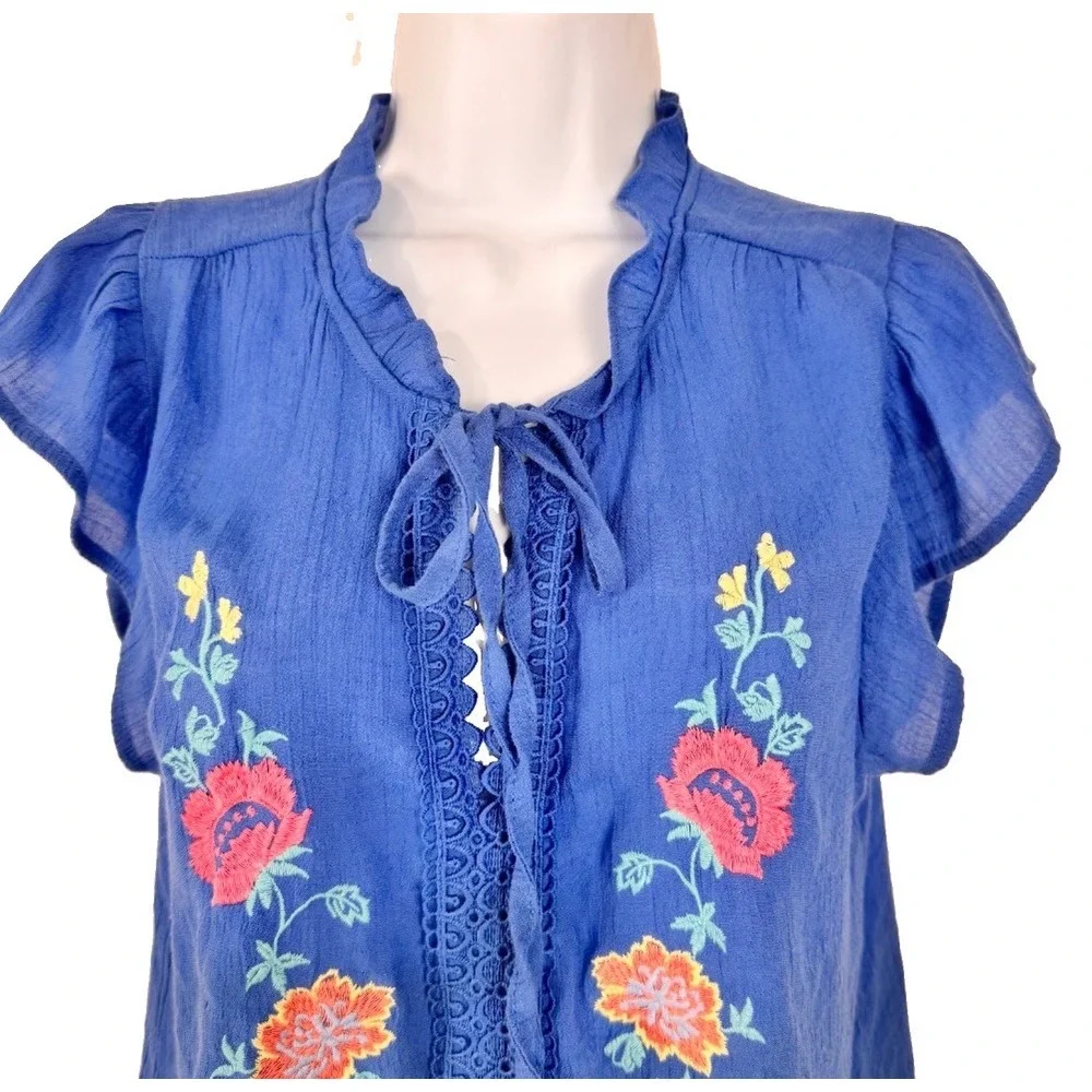 Blu Pepper Top Women L Blue Flutter Sleeve Floral Embroidered Boho Blouse CR2064
